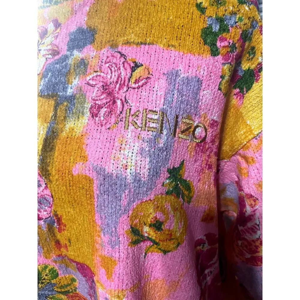 VTG 90s Kenzo Golf Intarsia Knit Sweater Floral Spellout Pink Orange Neon size 2
